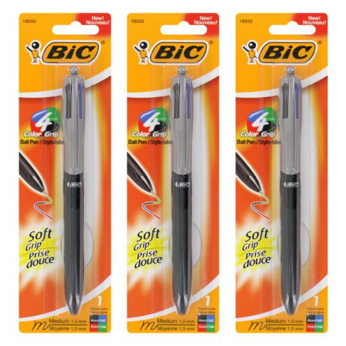 Bic 4-Color Grip Retractable Ballpoint Pen Medium Point Assorted Ink 3/Pack