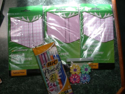 Set Of 3 Pink Book Covers,10 Bic Mechanical Pencils &amp; 4 Erasers Free Fast Ship!
