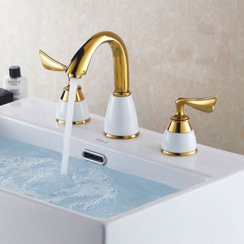 Modern beautiful 3 holes gold double handle bath sink tap faucet free shipping for sale