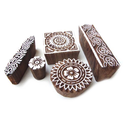 Wooden hand carved mix floral block printing design tags (set of 5) for sale