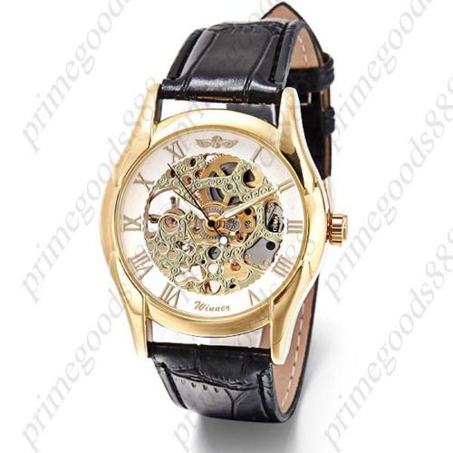 Hand wind see through skeleton mechanical analog pu leather wristwatch black for sale