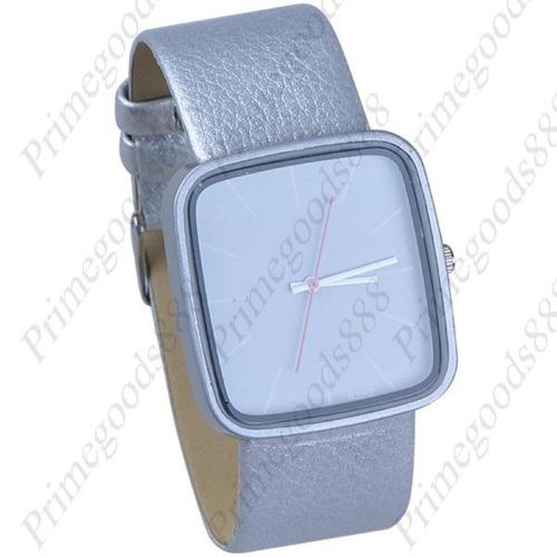 Wide Big Square Synthetic Leather Analog Wristwatch Lady Ladies Women&#039;s Silver