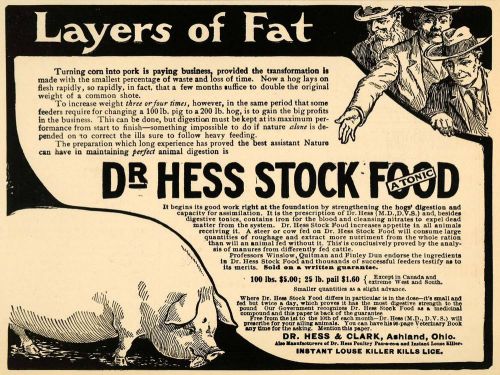 1907 ad dr. hess &amp; clark live stock feed farming pork - original advertising cg1 for sale