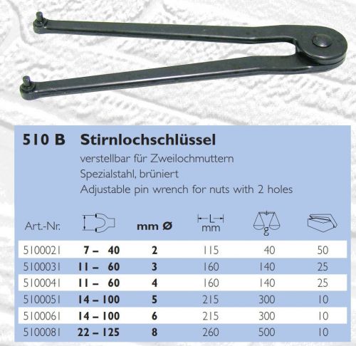 ADJUSTABLE FACE SPANNER PIN 4MM\3\16&#034;, L=160MM\6.3\8&#034; - GERMANY