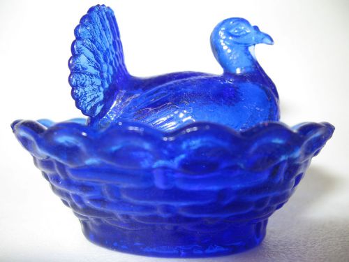 Cobalt Blue glass salt celt hen / turkey on nest basket dish dip chicken cellar
