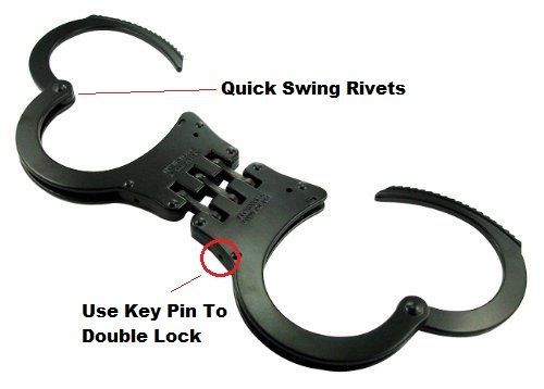 Real steel black hinged handcuffs with quick swing rivet two keys double locking for sale
