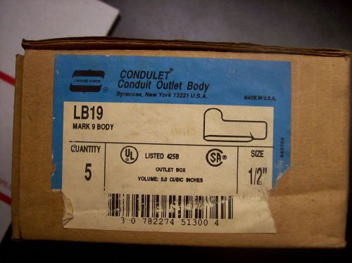NEW Box of (5)- LB19 CONDULET OUTLET LB BODY 1/2&#034; in. RIGID, Crouse-Hinds
