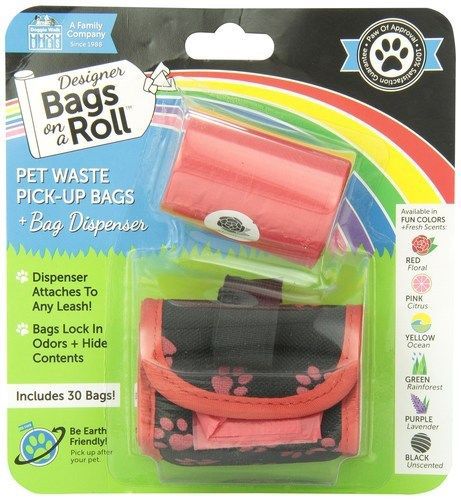 Doggie Walk Bags 2-Roll Designer Bags, Red Paw/Red/Floral