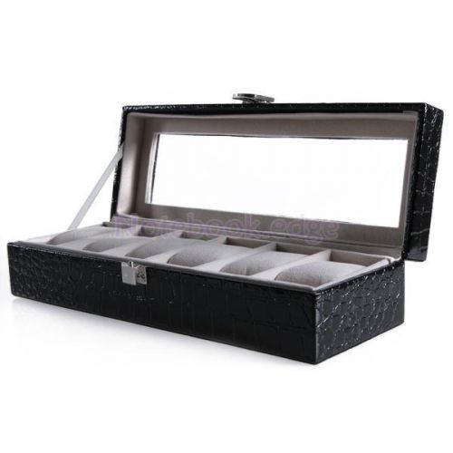 6 Grid Watch Display Box Showcase Storage Case Organizer Jewelry Black Leather