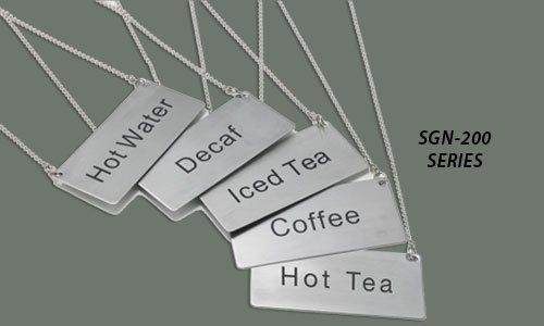 LeRose Stainless Steel Chain Signs ~ Set of 5 ~ &#034;Coffee&#034;, &#034;Decaf&#034;, &#034;Hot Water&#034;,