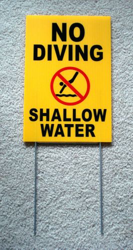 NO DIVING SHALLOW WATER w/Symbol  8&#034; x12&#034; Plastic Coroplast Sign w/Stake yellow