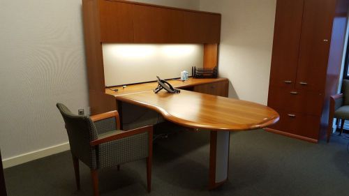 Desk executive  “l” shaped custom built cherry wood veneer with hutch. for sale