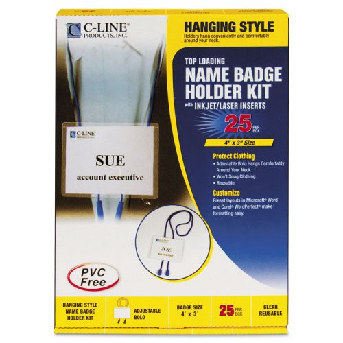C-Line Name Badge Kits, Top Load, 4 X 3, White, Blue Bolo Cord, 25/box