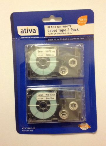 NIP Ativa Black on White Label Tape 2 Pack 3/8&#034; 9 MM White Tape AT-C-9WE-2S