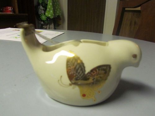 Vintage Takahashi Bird Tape Dispenser Ceramic Butterflies &amp; Flowers Wood Spool