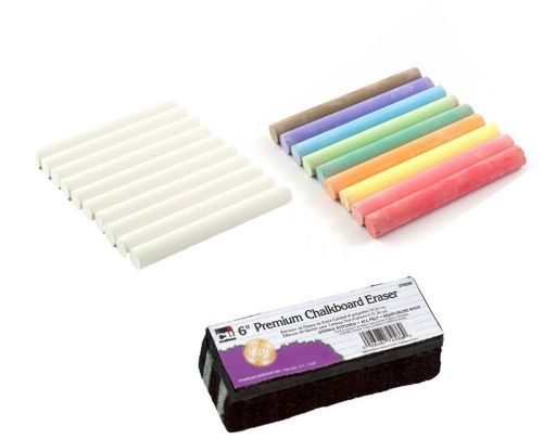 White and Colored Dustless Chalk + Chalkboard Eraser NON Toxic - 2 X 12 ct boxes