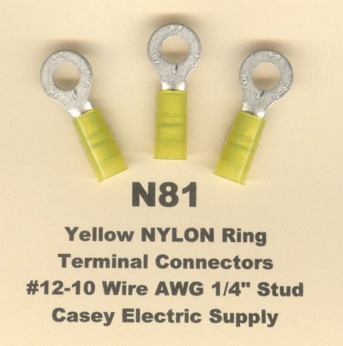 25 yellow nylon insulated ring terminal connectors #12-10 wire 1/4&#034; stud molex for sale