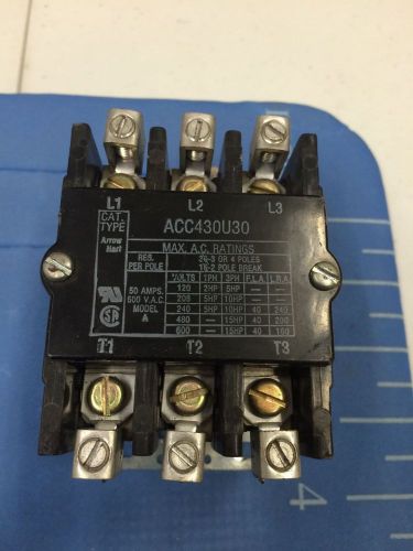 Arrow hart contactor acc430u10 2,3 pole 40 amps relay 600vac 120 coil for sale