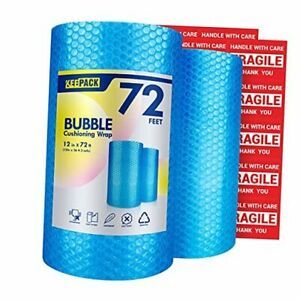 2 Rolls Bubble Cushioning Wrap, 12 Inch x 72 Feet Total 12&#034;x72Ft Light Blue