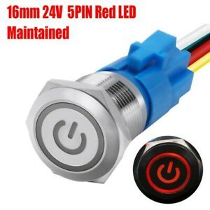 Waterproof Button Switch 16mm 24V 5Pin Button LED Maintained Red Brand New