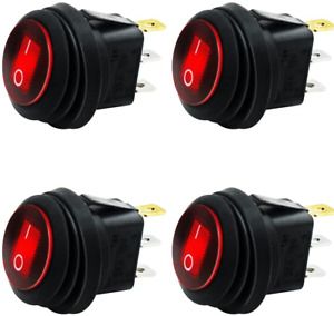 Mxuteuk 4Pcs 12V Waterproof round Rocker Switch Red LED Lighted SPST 3 Pins On-O