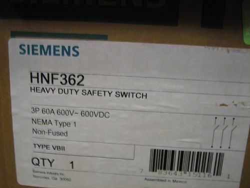 Siemens/ITE HNF362 Safety Switch Heavy Duty 3P 60A 600V Non-Fused Nema 1