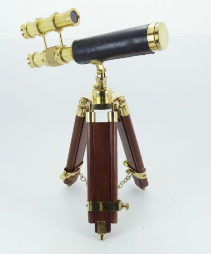 Brass desk table telescope with adjustable wood tripod stand for sale