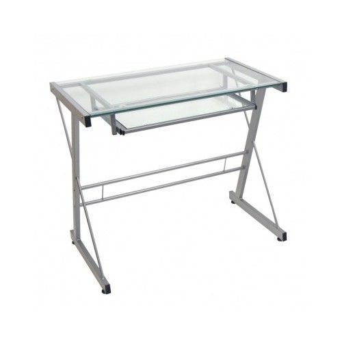Glass Computer Desk Metal Silver Sliding Keyboard Trey Home Office Furniture New