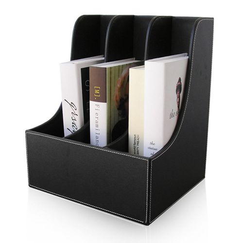 Modern Office Decor Desktop Paper Organizer Stand Leather 3-Slot File Rack Black