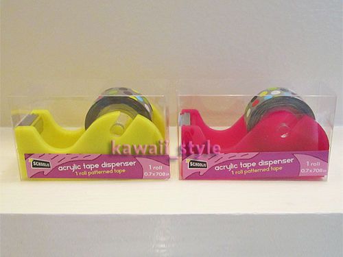 Schoolio Acrylic Tape Dispenser x 2 Pink &amp; Yellow + 2 Rolls Deco Patterned Tapes