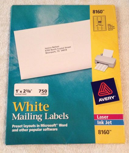 1&#034;x 2 5/8&#034; White Mailing Labels AVERY 8160 30 labels per sheet/19 sheets