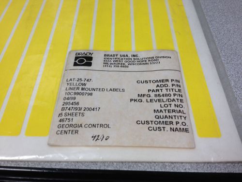 Brady LAT-25-747Y  0.5X0.437 PERMANENT POLYESTER, YELLOW, 15 SHEETS *NEW*