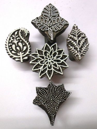 LOT OF 5 INDIAN WOODEN HAND CARVED TEXTILE PRINTING FABRIC BLOCK STAMP PATTERN