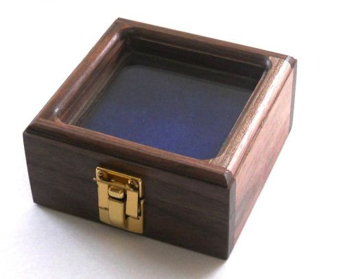 Small walnut wood glass top blue awards medals pins pocket watch display case for sale