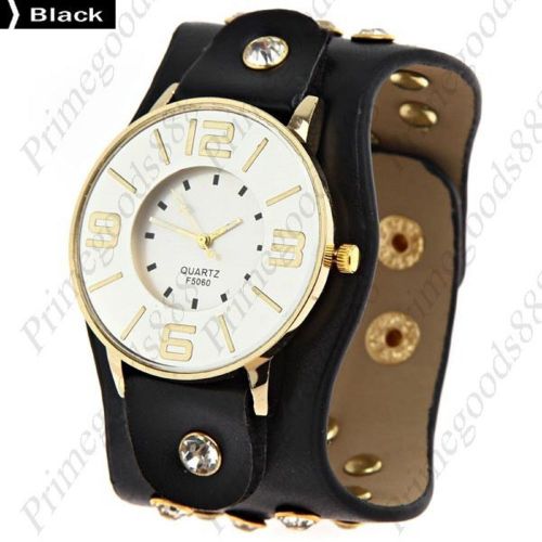 Wide Round Analog PU Leather Lady Ladies Wrist Quartz Wristwatch Women&#039;s Black