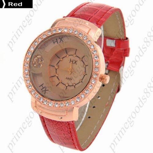 3D Rhinestones PU Leather Lady Ladies Wrist Quartz Wristwatch Women&#039;s Red