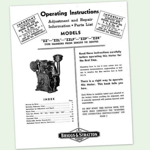 BRIGGS AND STRATTON ZZ ZZL ENGINE OWNERS OPERATORS REPAIR SERVICE PARTS MANUAL &amp;