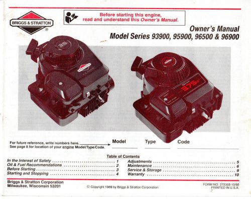 Briggs &amp; Stratton Engine 93900 95900 96500 96900 Owners Manual 1992 6936E