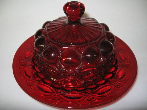 Ruby red Glass eyewinker Pattern domed covered Butter dish royal round pound art