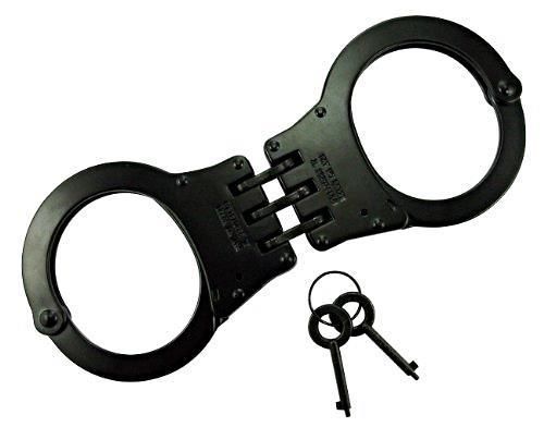 Black double locking hinged handcuffs with utility bell pouch two keys included for sale