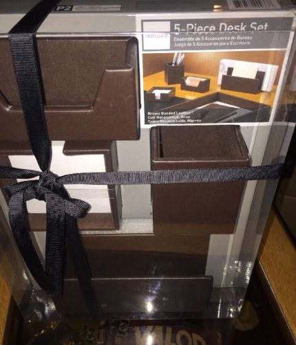 Realspace Brown Bonded Leather desk set 5 piece New In Gift Box