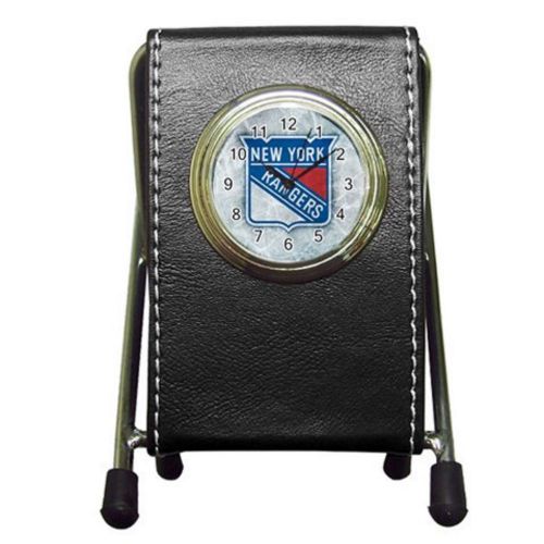 Custom New York Rangers Leather Pen Holder Desk Clock (2 in 1) Free Shipping