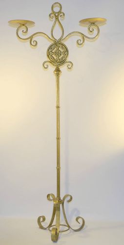 Vintage Wrought Iron Footed Double Candle Holder Gold Paint 43&#034; tall
