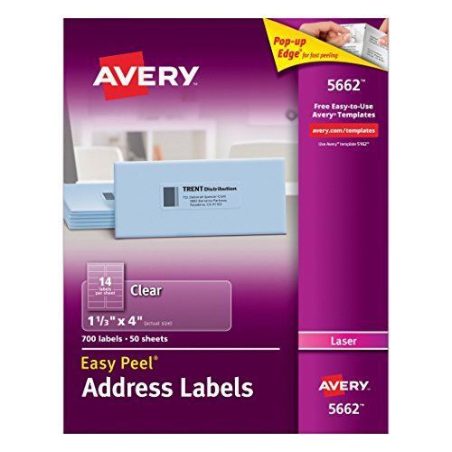 Avery 5662 Easy Peel 1-1/3&#034; x 4&#034; Clear Address Labels 700 Count Avery