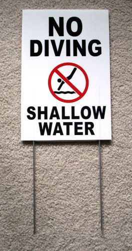 NO DIVING SHALLOW WATER w/Symbol  8&#034; x12&#034; Plastic Coroplast Sign w/Stake white
