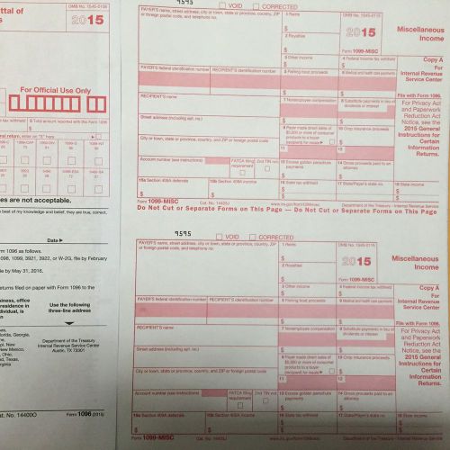 6) 1099-MISC Miscellaneous Income 2015 IRS Tax Forms &amp; 2) 1096 Transmittal Forms