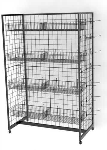 Gridwall Fixture w/ Wheels, (12) Baskets &amp; (50) 6&#034; Peg Hooks, Gondola Design - B