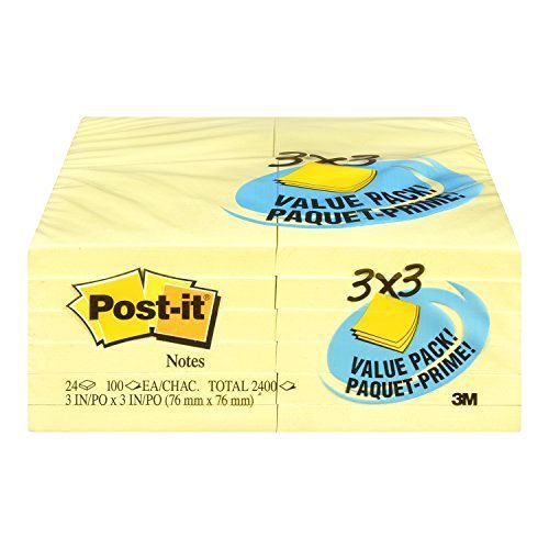 Post-it Notes Value Pack, 3 in x 3 in, Canary Yellow, 24 Pads/Pack, 90 Sheets/Pa
