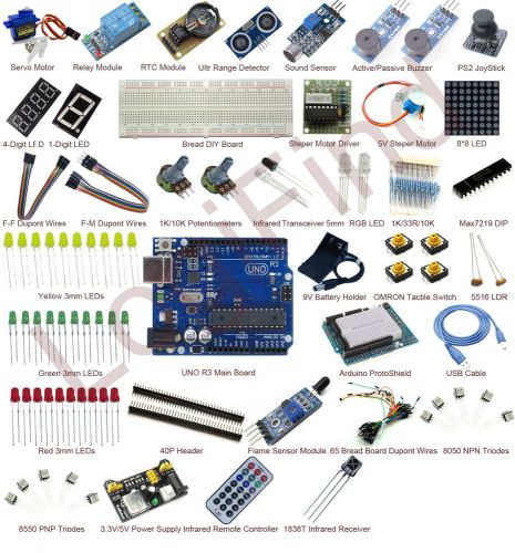 Uno r3 starter kit for arduino protoshield rtc servo sound joystick ultrasonic for sale