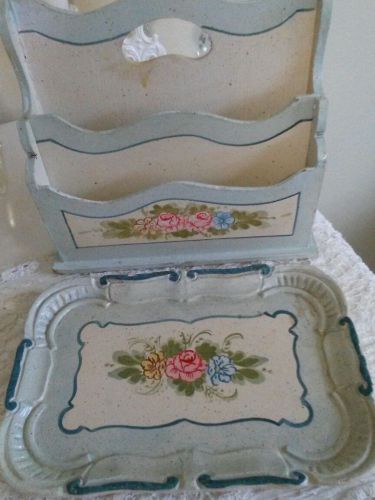 Vintage Italian Blue/Cream Pink Roses Tole Tray Letter Caddy Desk set of 2.